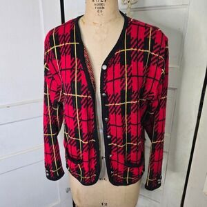 Womens Red Plaid Button Up Cardigan Sweater Black‎ Yellow Classic Knit L